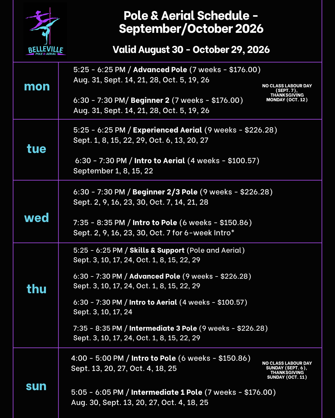 Belleville Pole and Aerial – September & October Class Dates